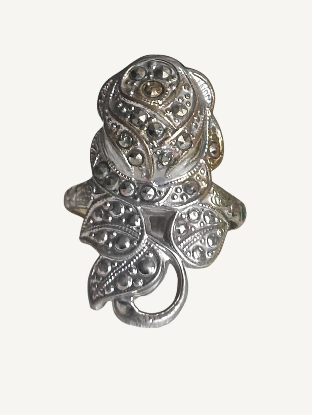 18KT HGE Marcasite Rosebud Ring Size 6.75 Vintage Floral Statement
